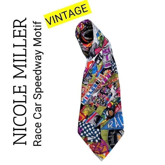 Nicole Miller Vintage Silk Necktie Race Car Speedway Motif from 1992 - Picture 1 of 9
